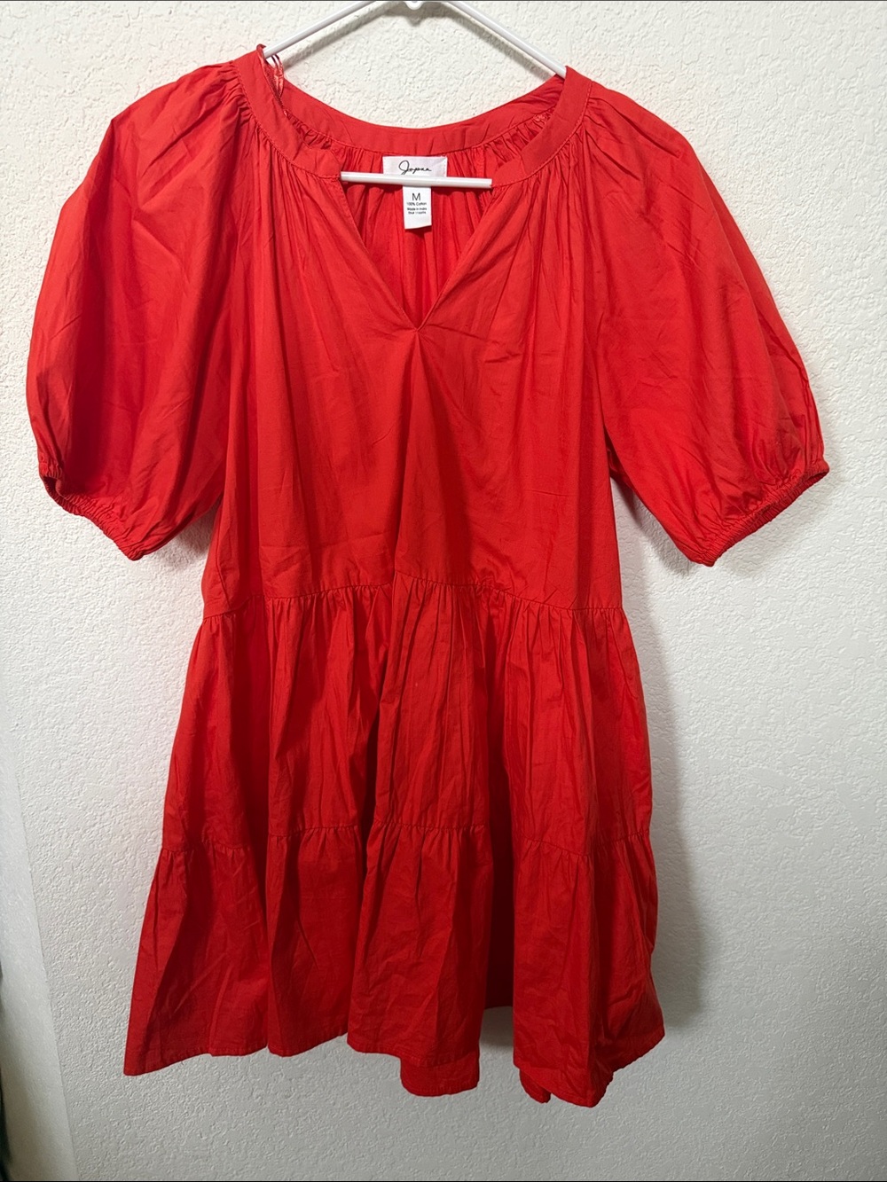 Japna Bright Red/orange Puff-Sleeve Tiered Casual Dress